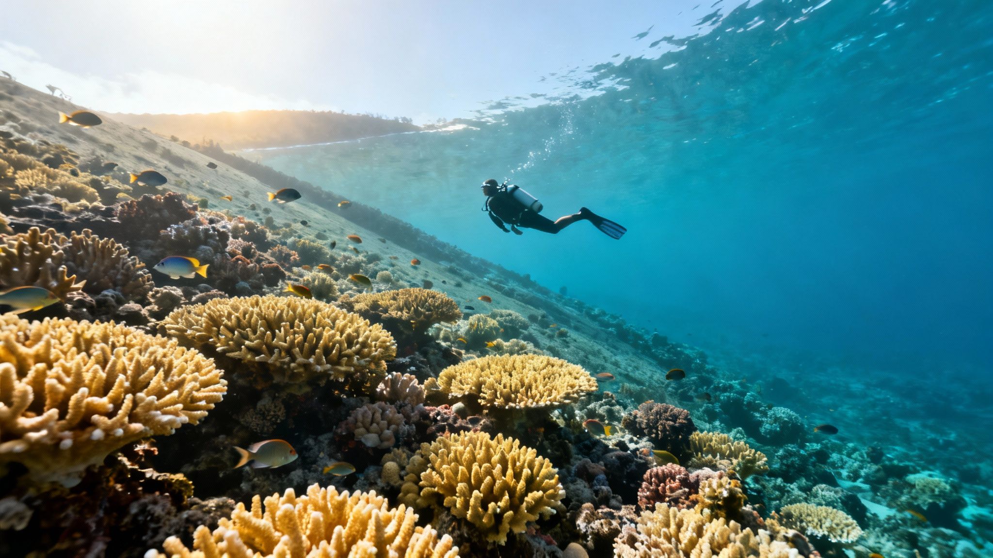 A scuba diver explores a vibrant coral reef filled with colorful fish under bright sunlight.