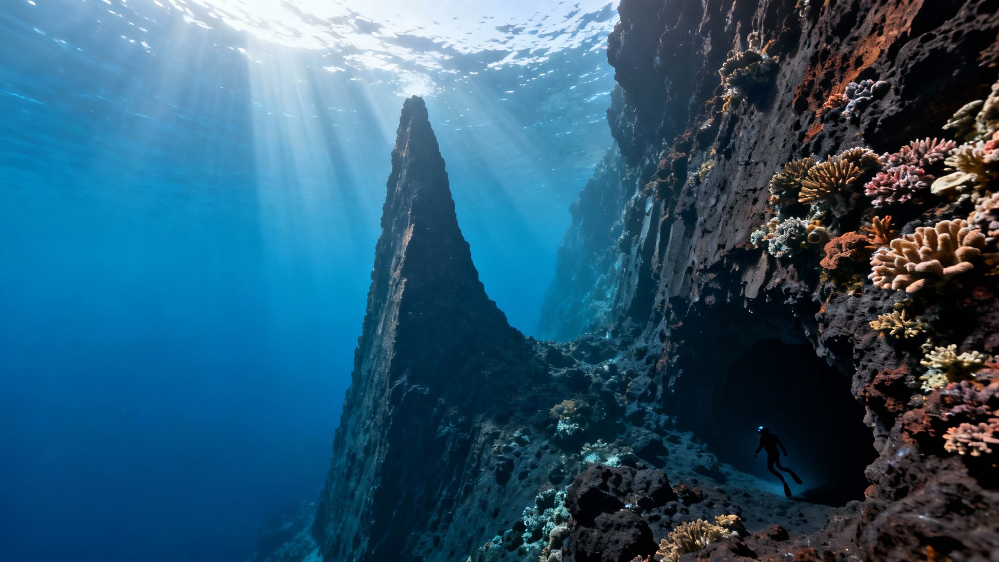 Sunlit underwater scene with a diver exploring a dark cave amidst towering rock formations and vibrant coral.