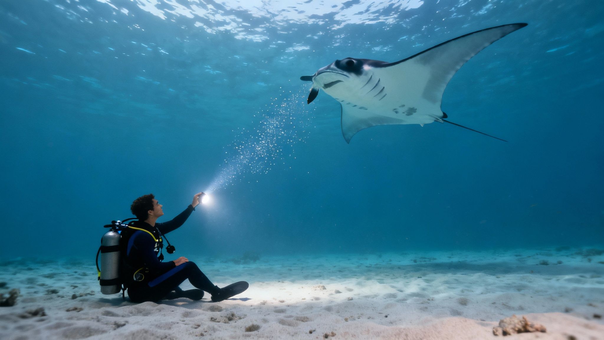 Manta rays feeding at night, illuminated by divers' lights.