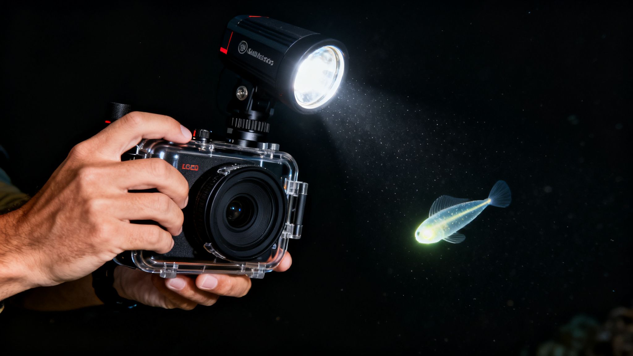 Underwater photographer's hands hold a camera rig with a bright light illuminating a small, glowing fish in dark water.