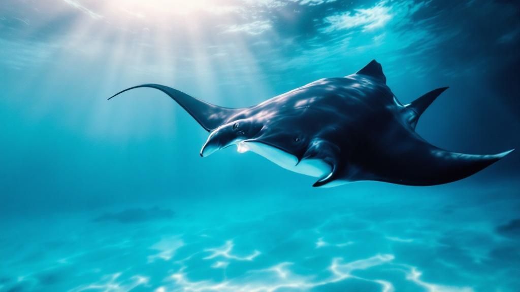 A manta ray gracefully swims with its mouth open to filter feed on plankton.