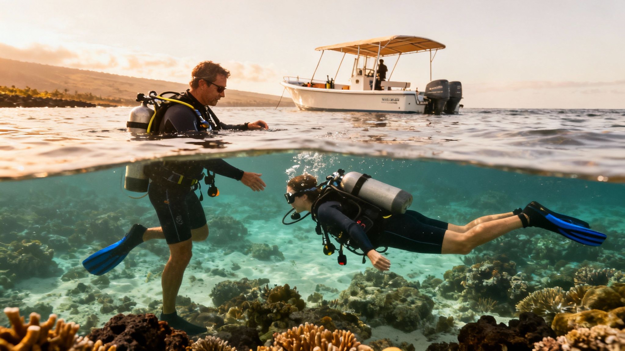 A split-level view of two scuba divers underwater and a boat on the surface at sunset.