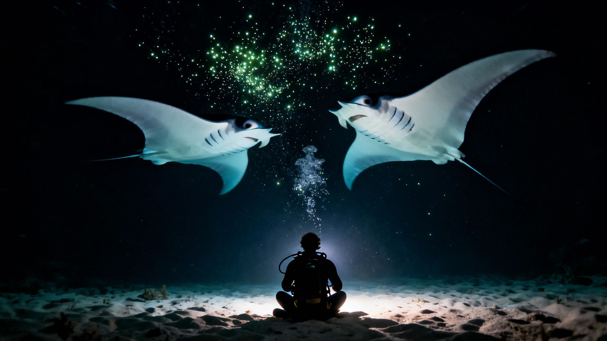 A diver observes two manta rays at night, illuminated by glowing green plankton in the dark ocean.