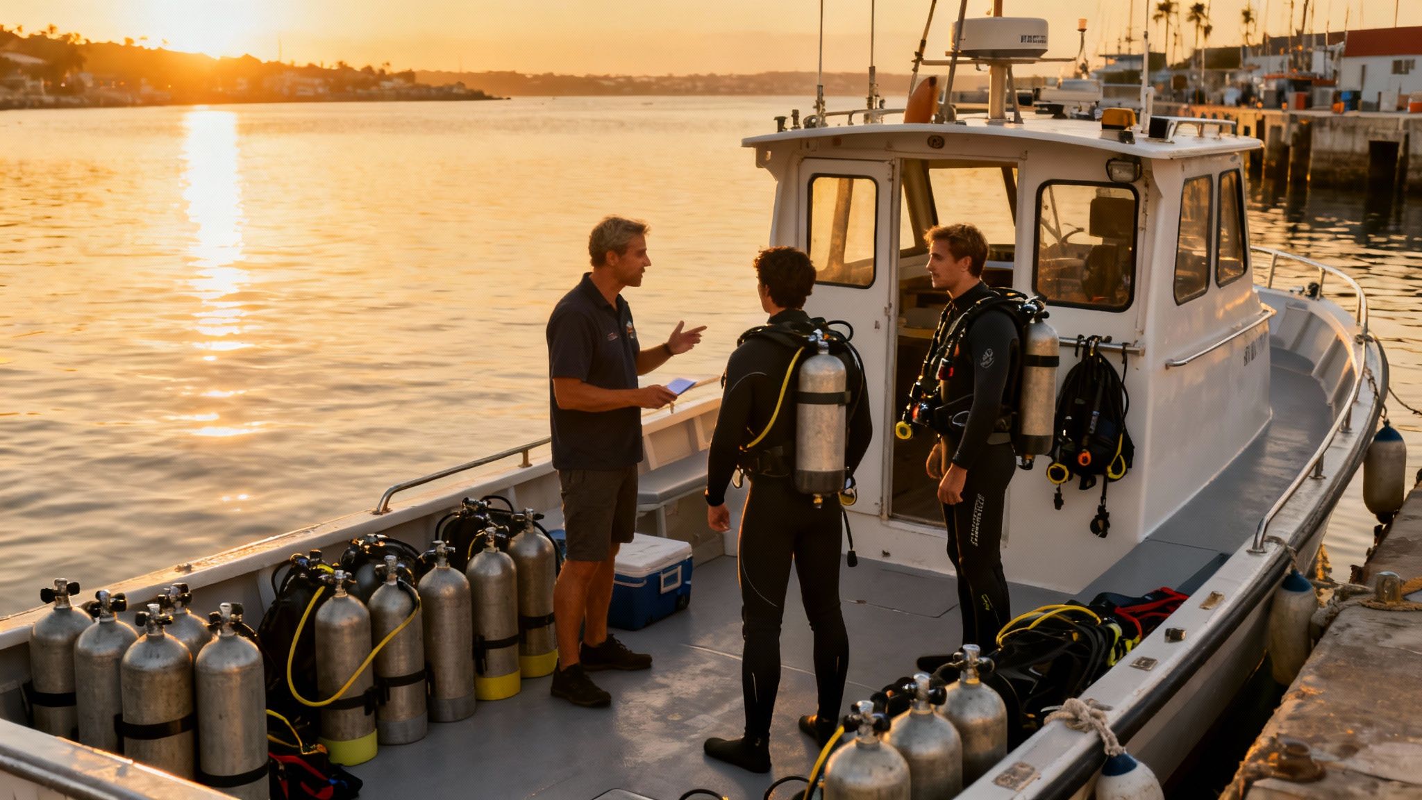 Three men, two divers, on a boat at sunset, preparing for a dive.