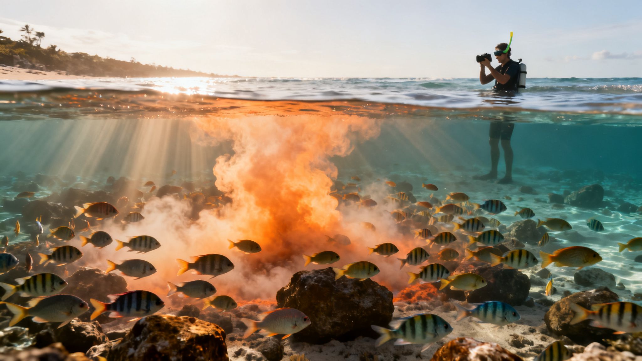 Underwater and overwater split view of a diver photographing fish and orange smoke in clear water at sunset.