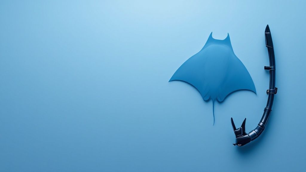 People snorkeling at night hold onto a floating light board as a large manta ray swims just below the surface, feeding on plankton.