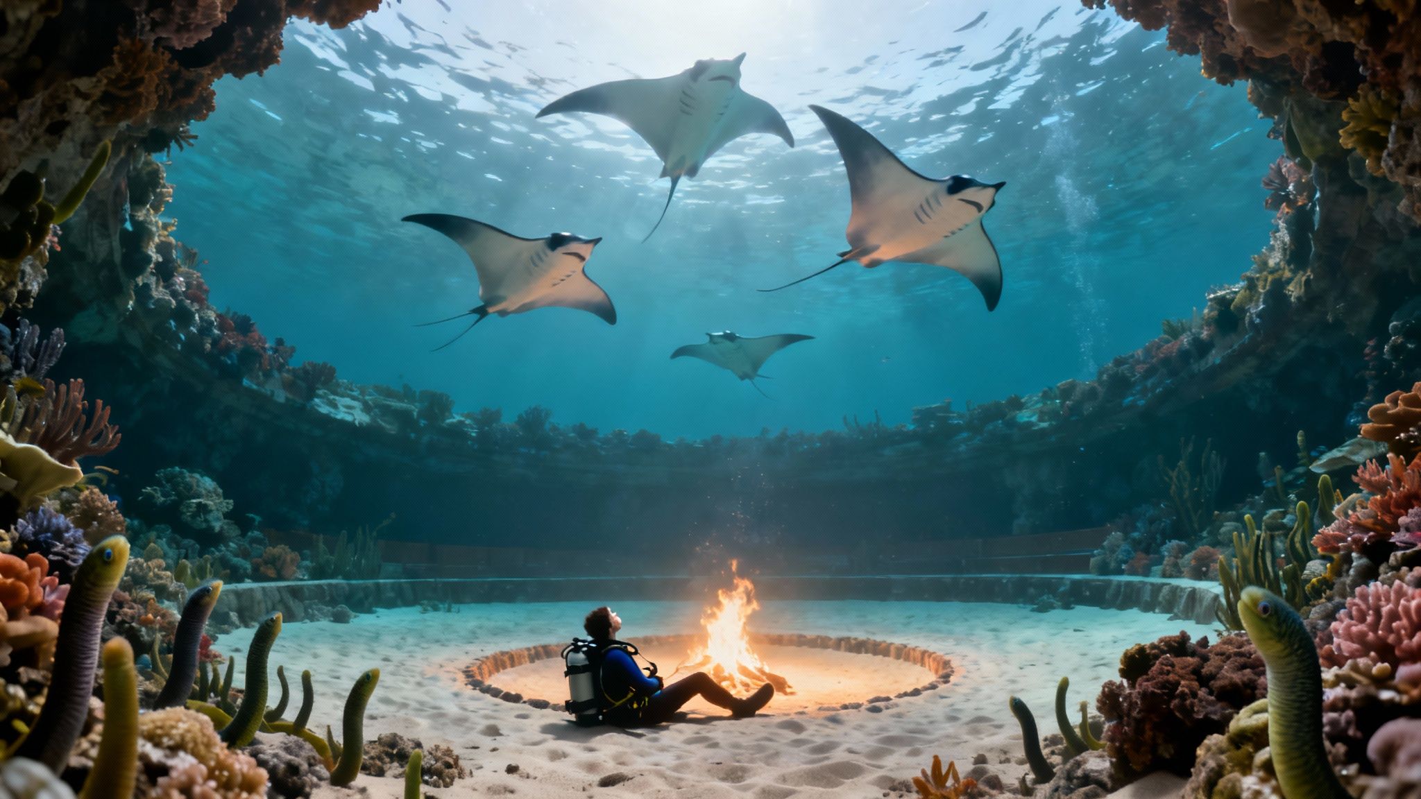 Divers gathered on the sandy bottom of Garden Eel Cove, looking up at manta rays swimming in the light beams.