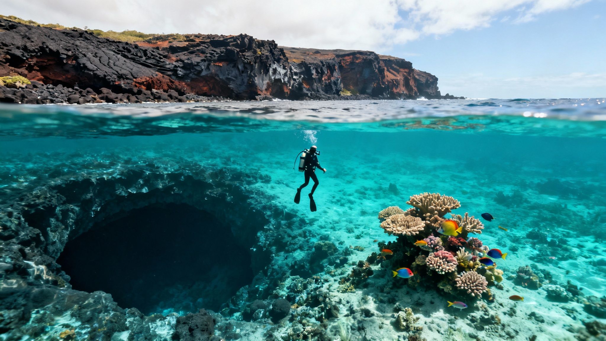 A stunning split-level shot of a scuba diver exploring a vibrant coral reef and an underwater cave off a volcanic island coast.
