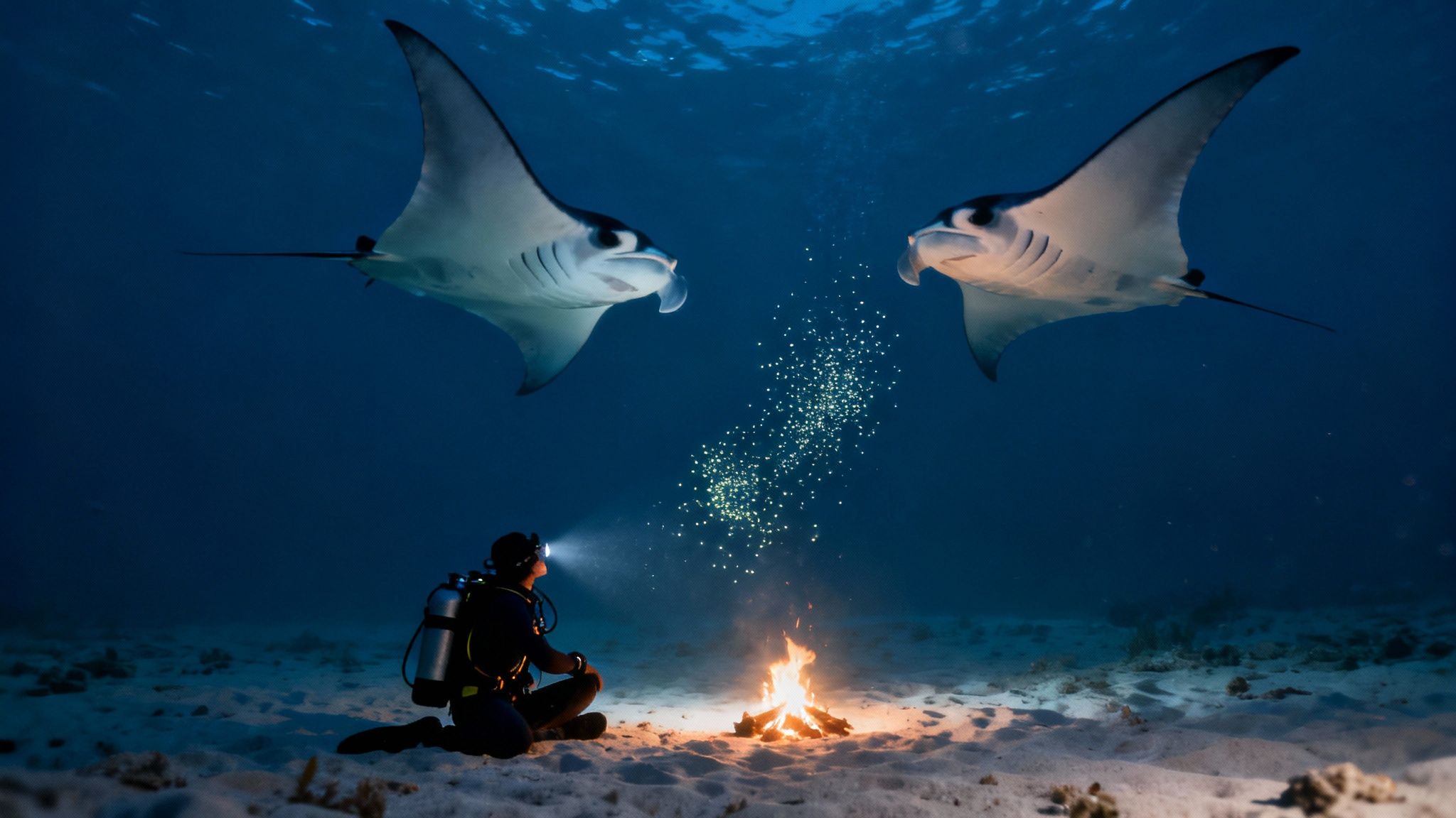 Scuba diver with campfire on ocean floor watching manta rays swimming overhead at night