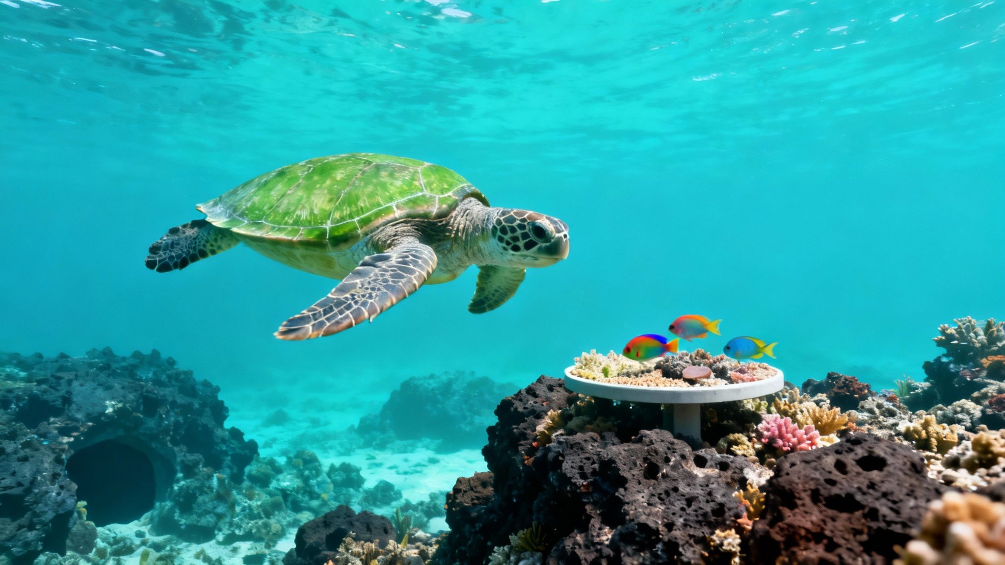 A green sea turtle gracefully swims above a vibrant coral reef with colorful fish in clear blue water.