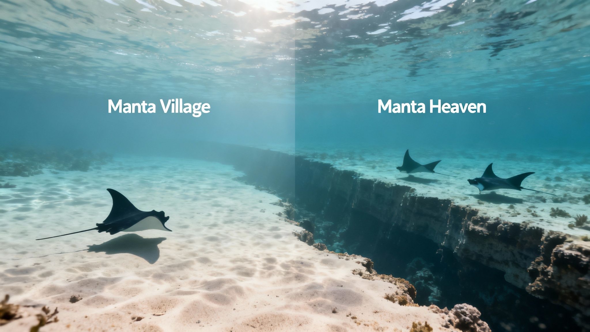 Several manta rays feeding in the glow of dive lights during a night dive in Kona.