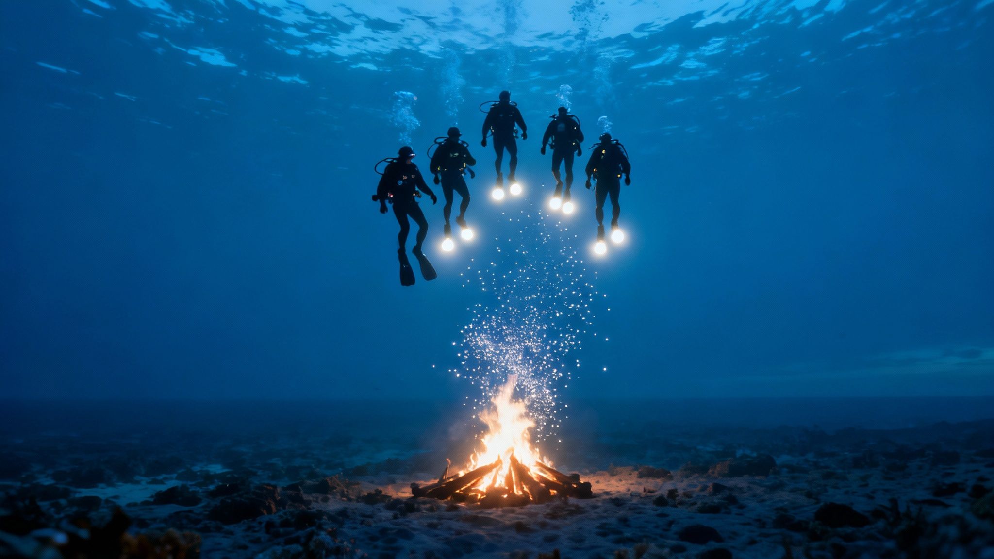 Divers gather on the ocean floor, shining their lights up as a manta ray glides through the beams.