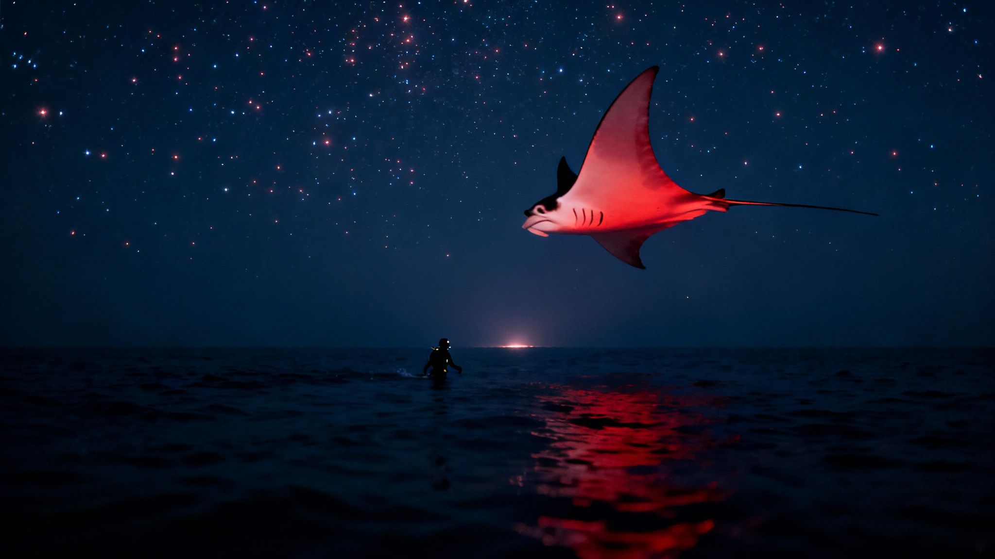 A diver observes a large, red manta ray flying under a vibrant starry night sky over the ocean.