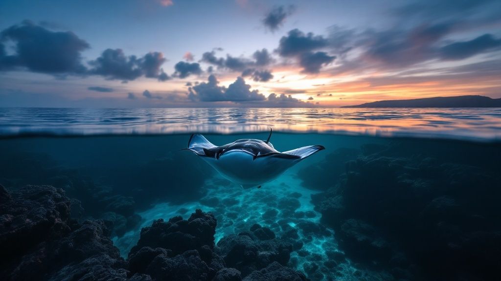 A diver observes a large manta ray swimming gracefully overhead in clear blue water, illuminated by dive lights