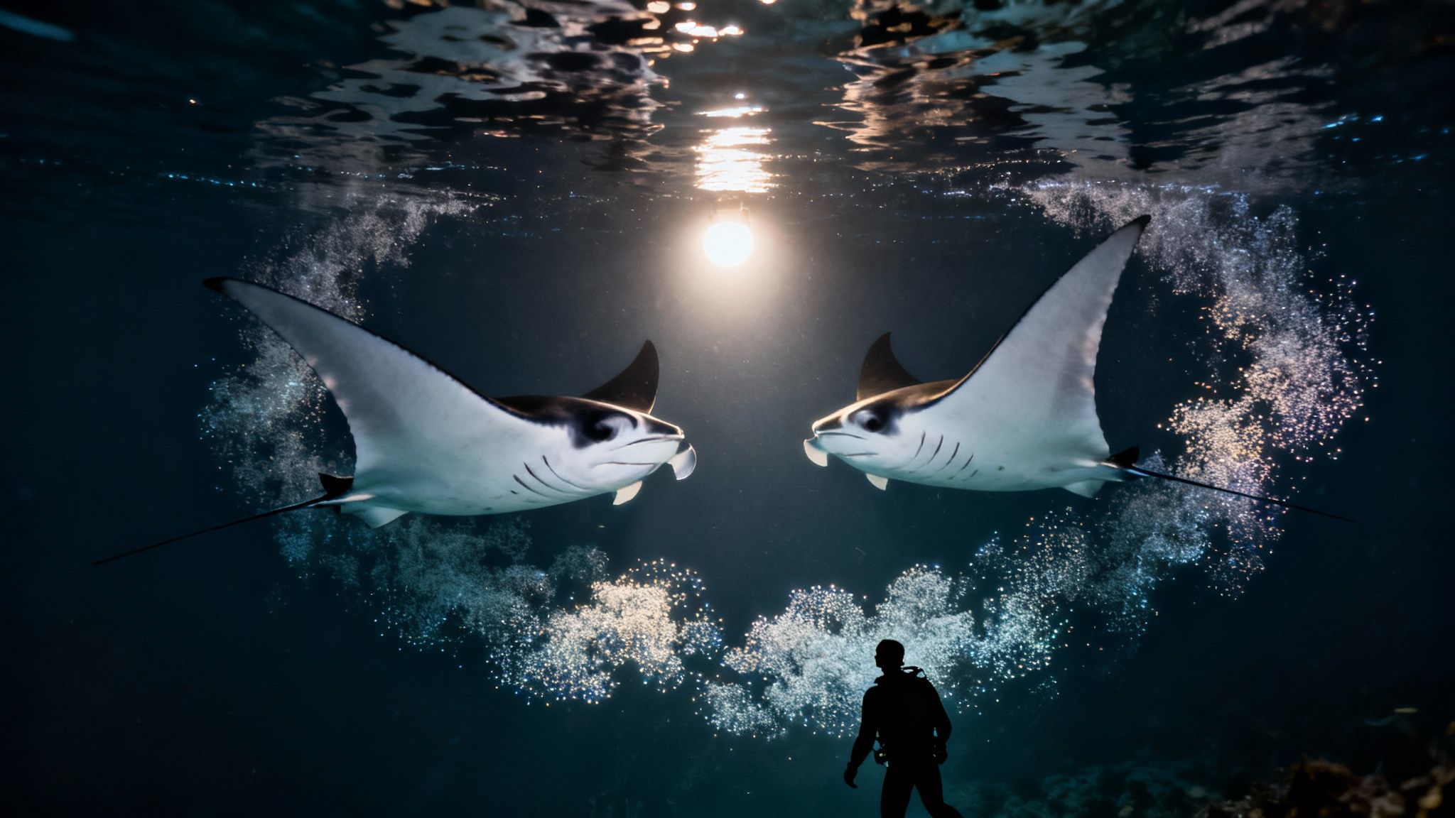 Two majestic manta rays face each other underwater, illuminated by a bright light, with a diver below.