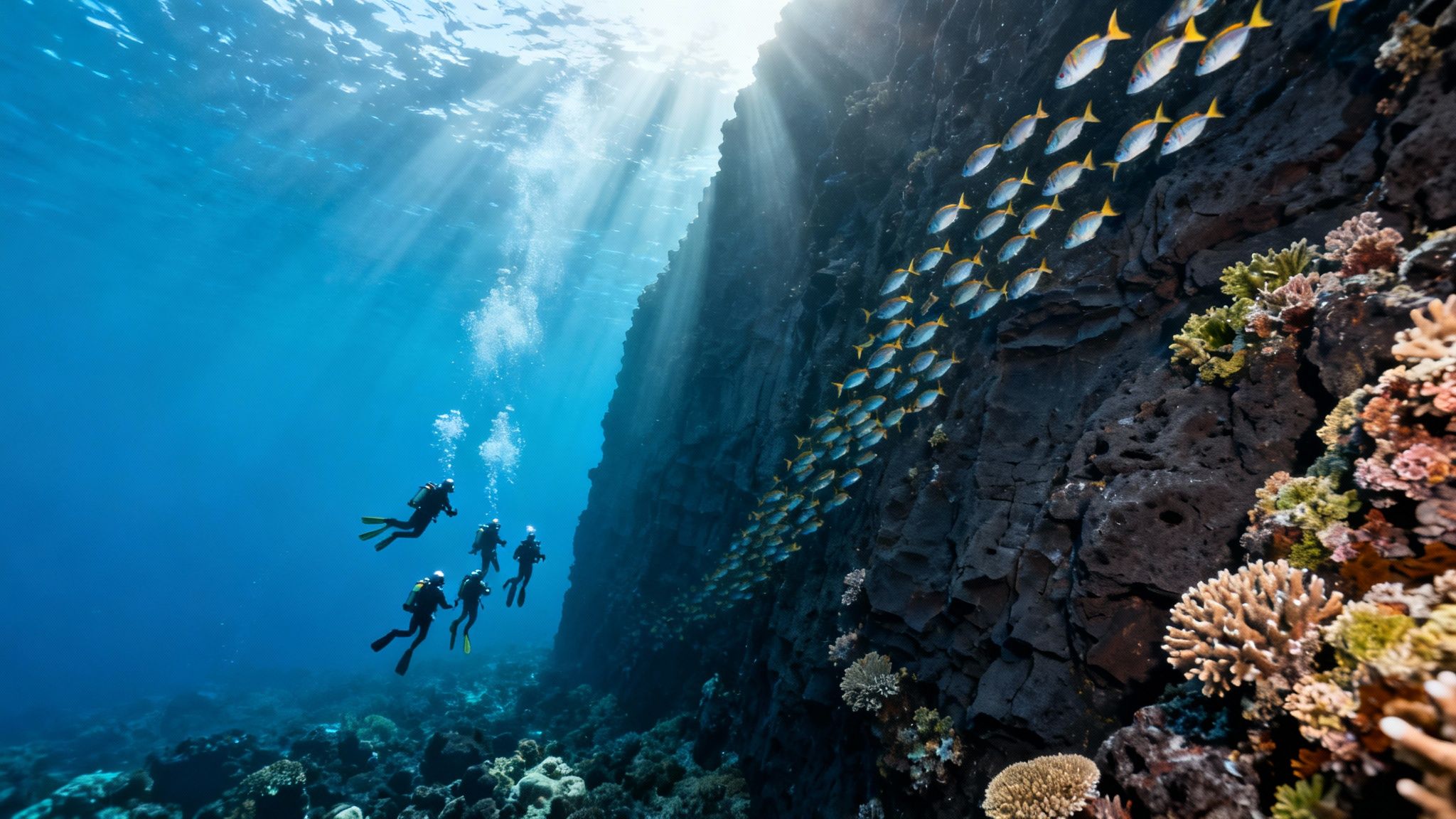 Underwater landscape showing coral reefs and lava formations