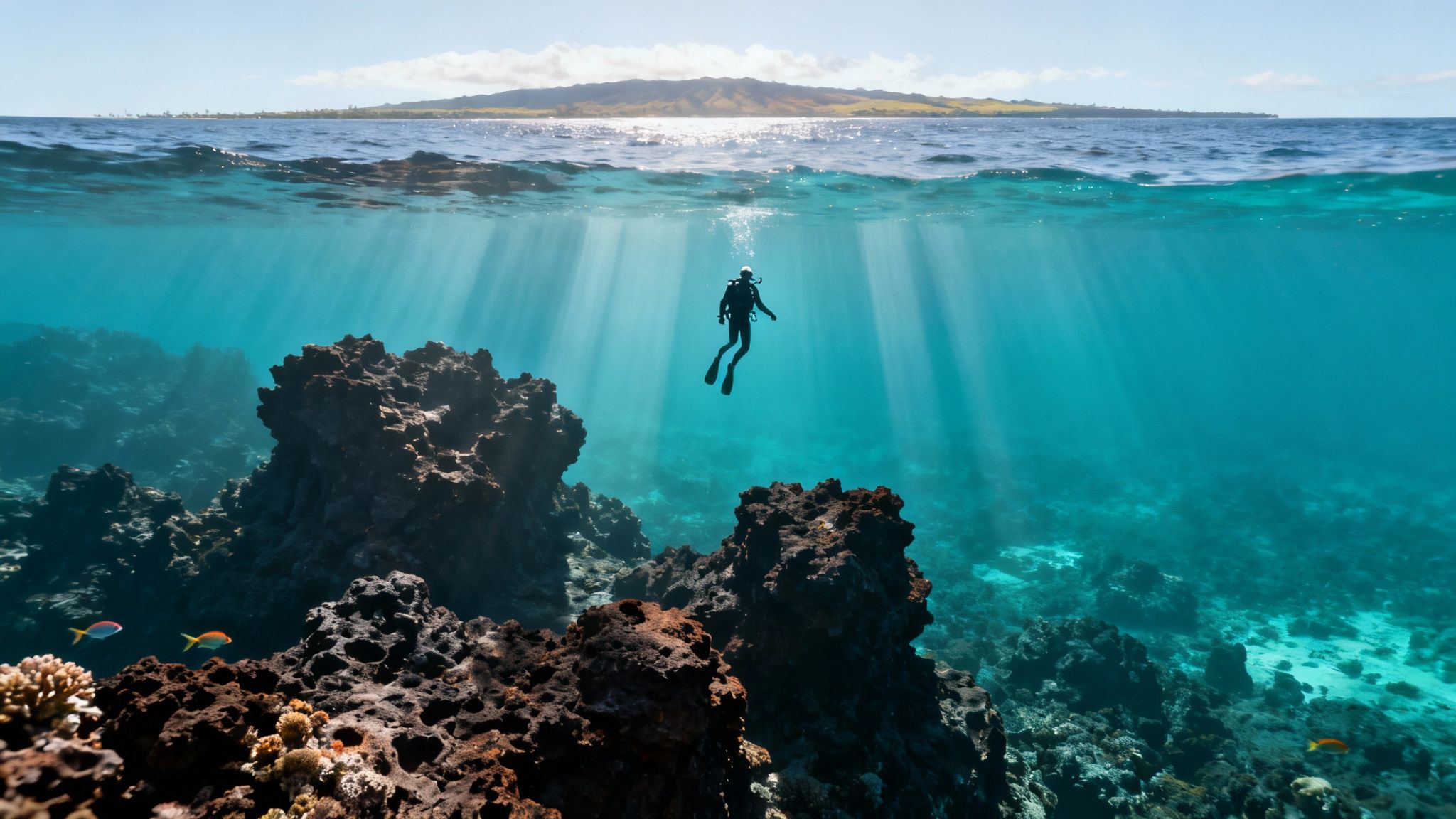 A diver explores a vibrant coral reef with tropical fish below the surface, and an island in the distance above water.