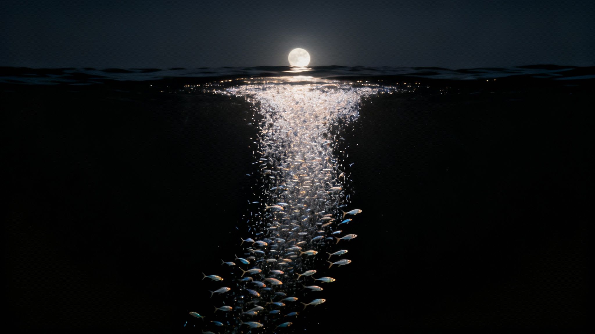 Moonlight illuminates a school of small fish swimming upwards in the dark ocean.
