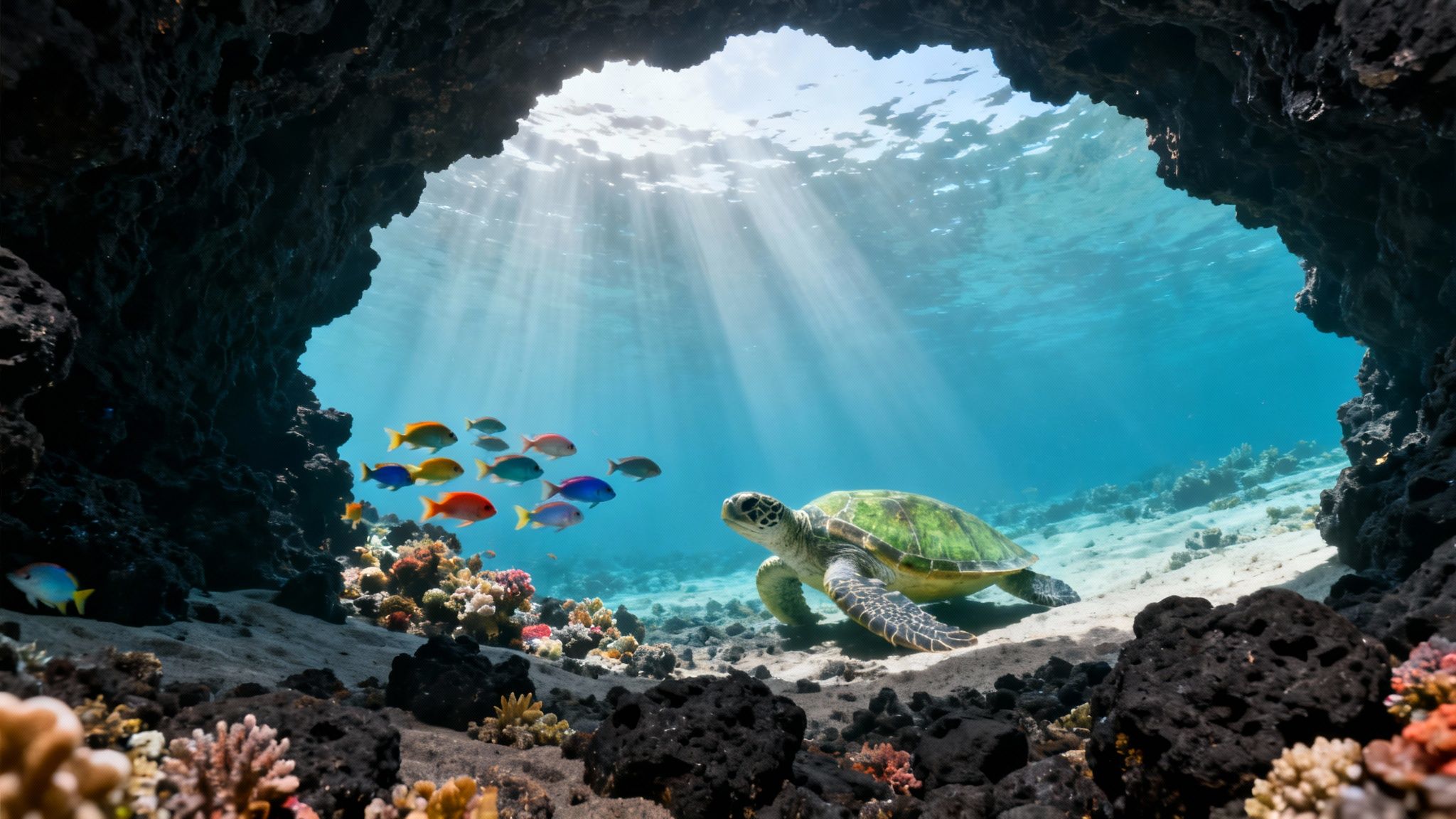 A vibrant underwater scene with a green sea turtle, schooling fish, and sun rays in a cave.