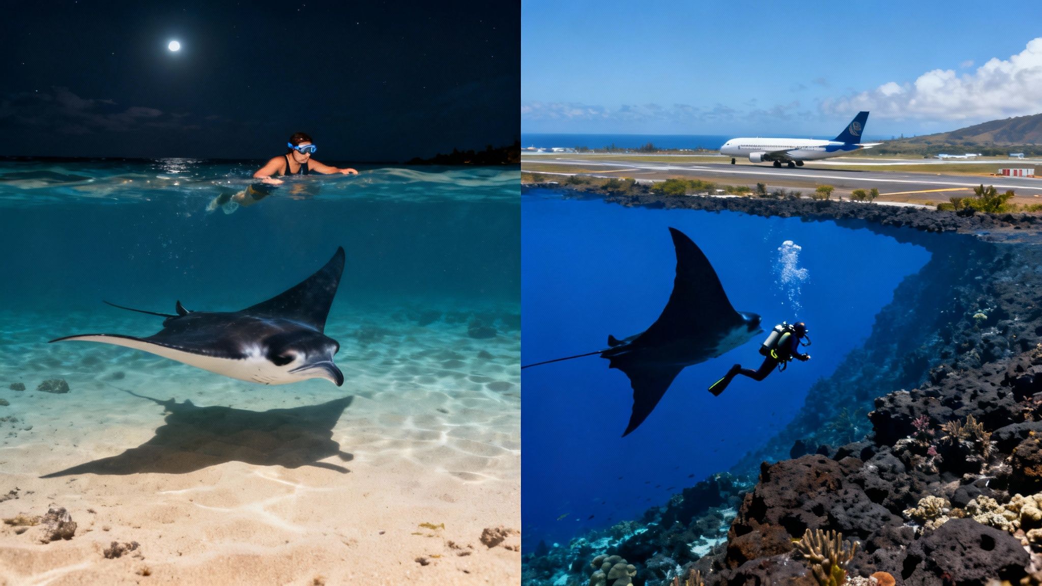 A manta ray gracefully swims over a coral reef in Kona, Hawaii.