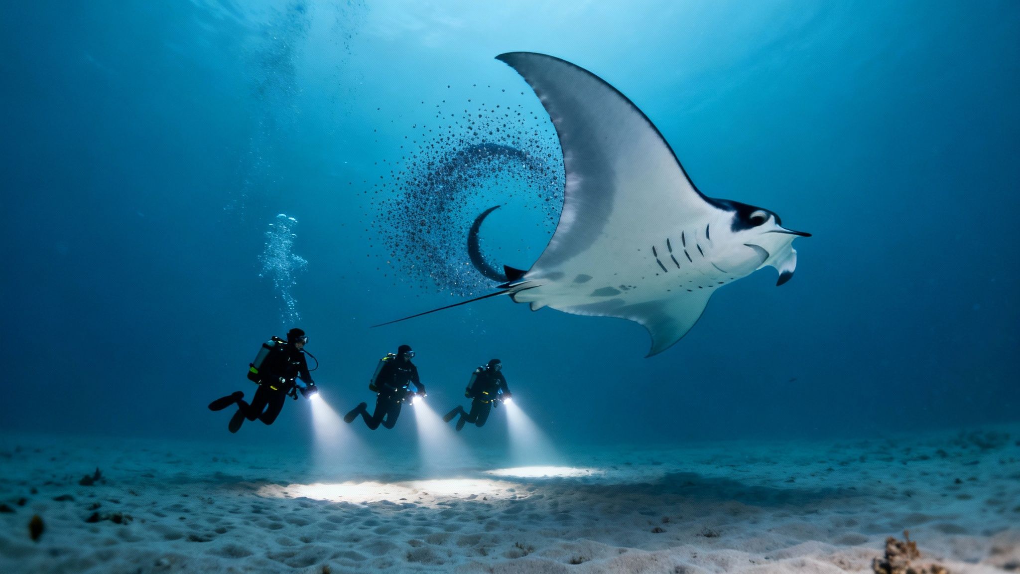 Three scuba divers illuminate a giant manta ray feeding on plankton in clear blue ocean water.