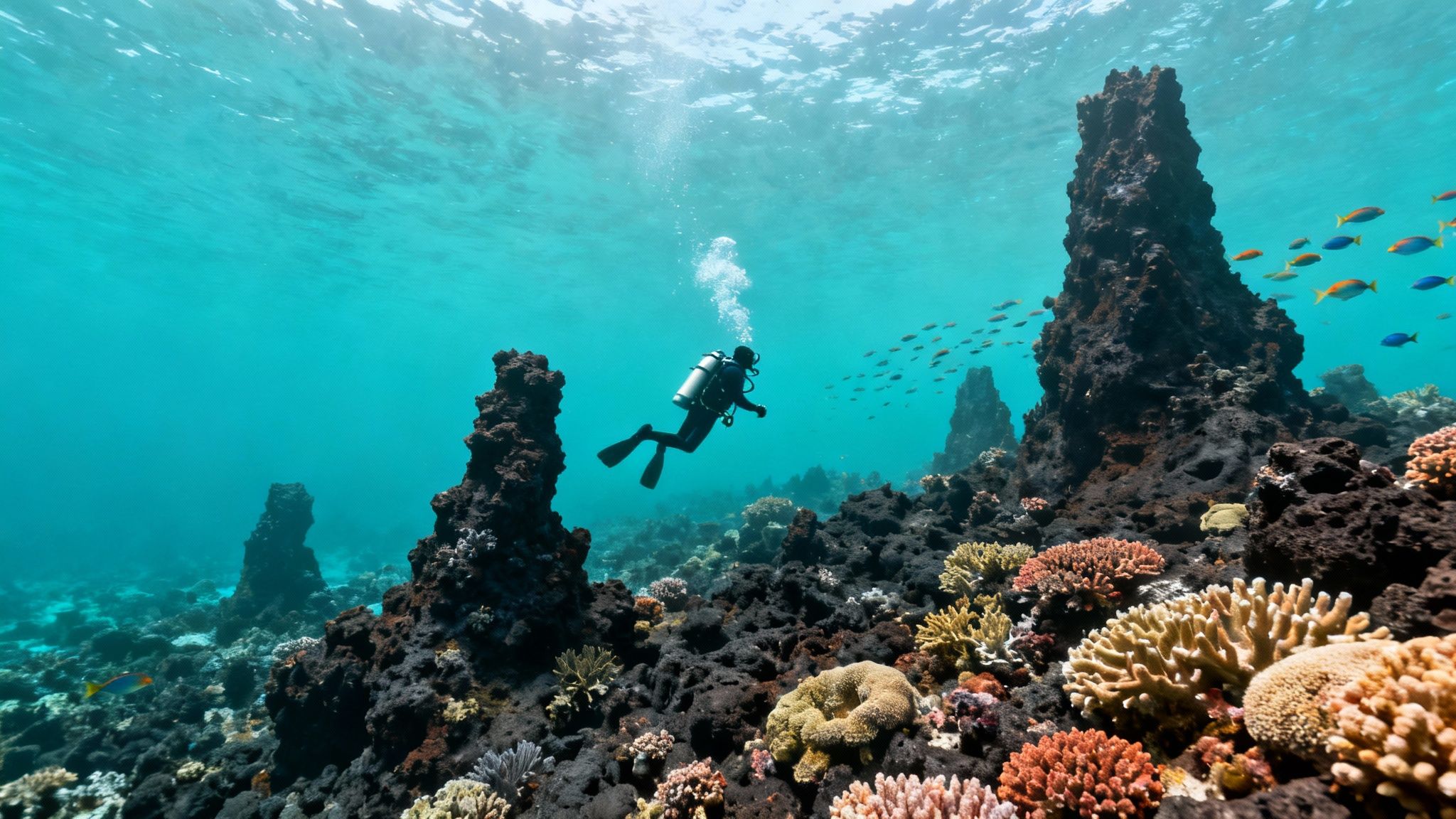 A scuba diver explores a colorful underwater coral reef with unique rock formations and schooling fish.