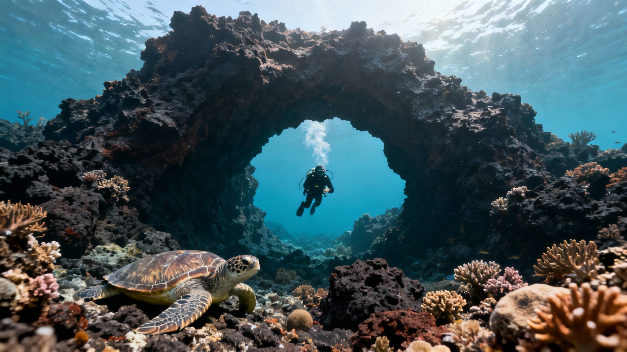 Scuba diver exploring coral reef archway with sea turtle swimming in tropical underwater environment