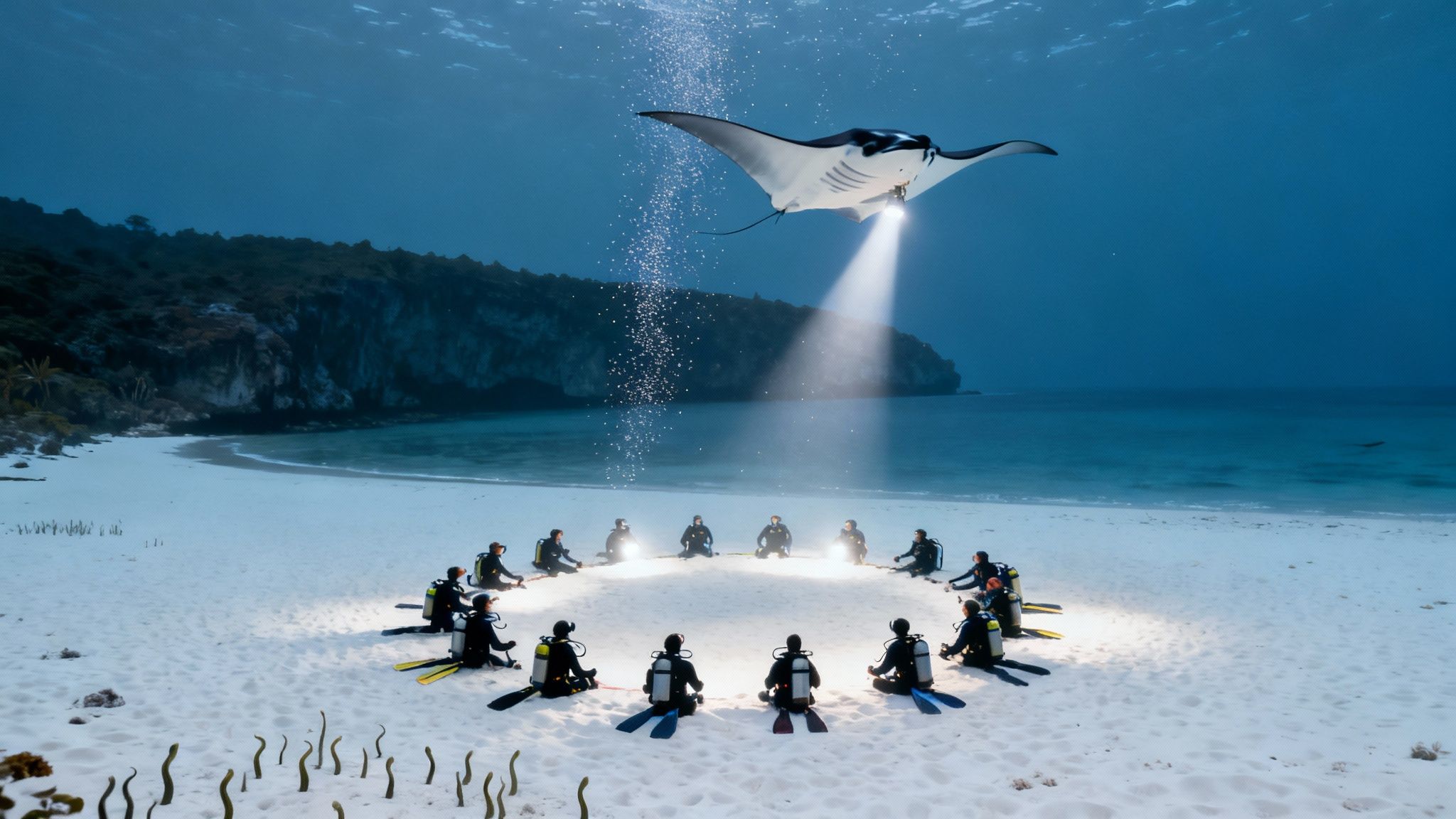 Divers in a circle on a white sand beach at night, observing a manta ray illuminated by a spotlight.