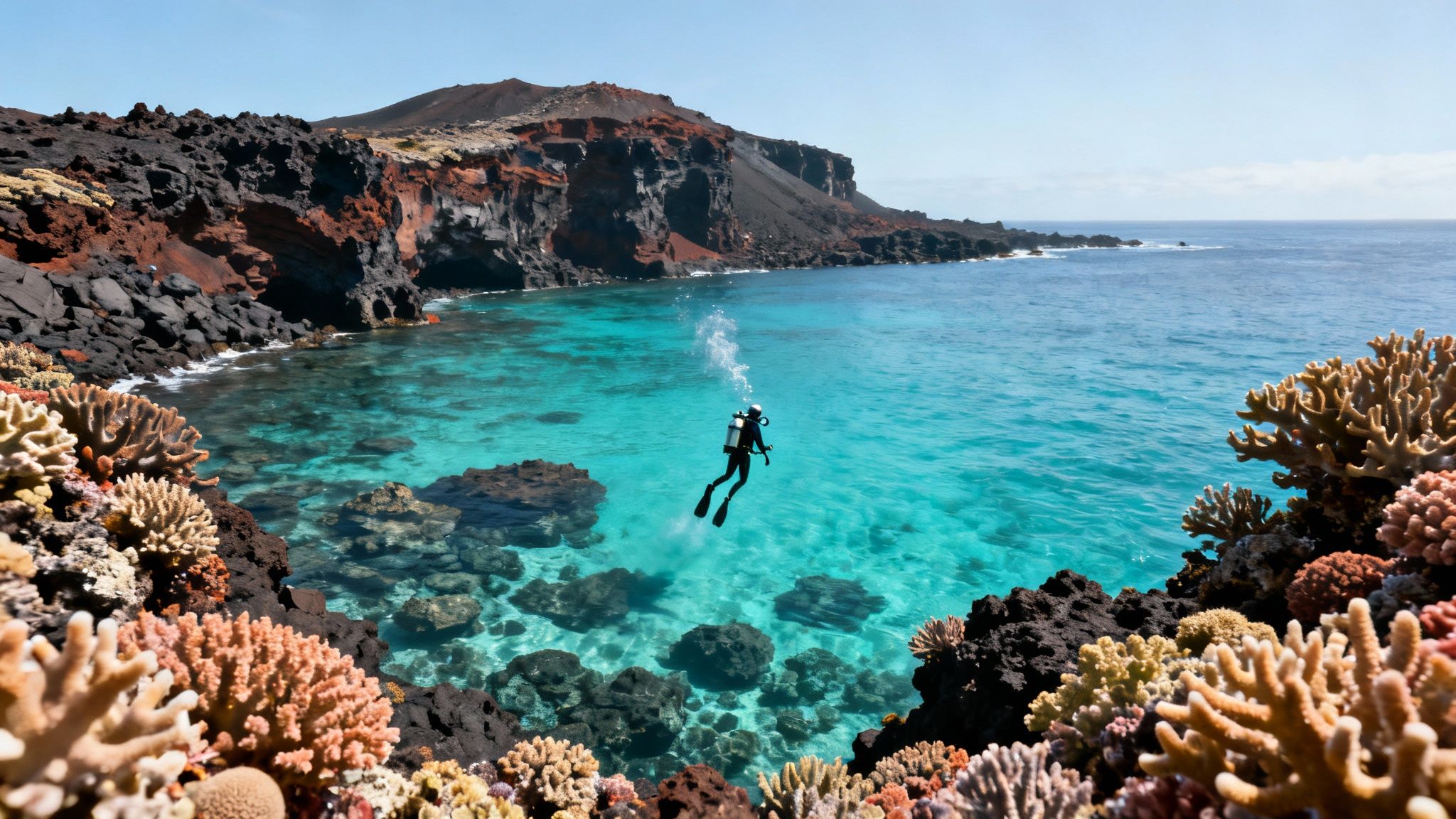 A scuba diver explores a vibrant coral reef on the Big Island.