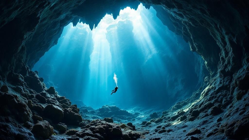 Divers exploring the stunning light rays inside the Cathedrals dive site off Lanai