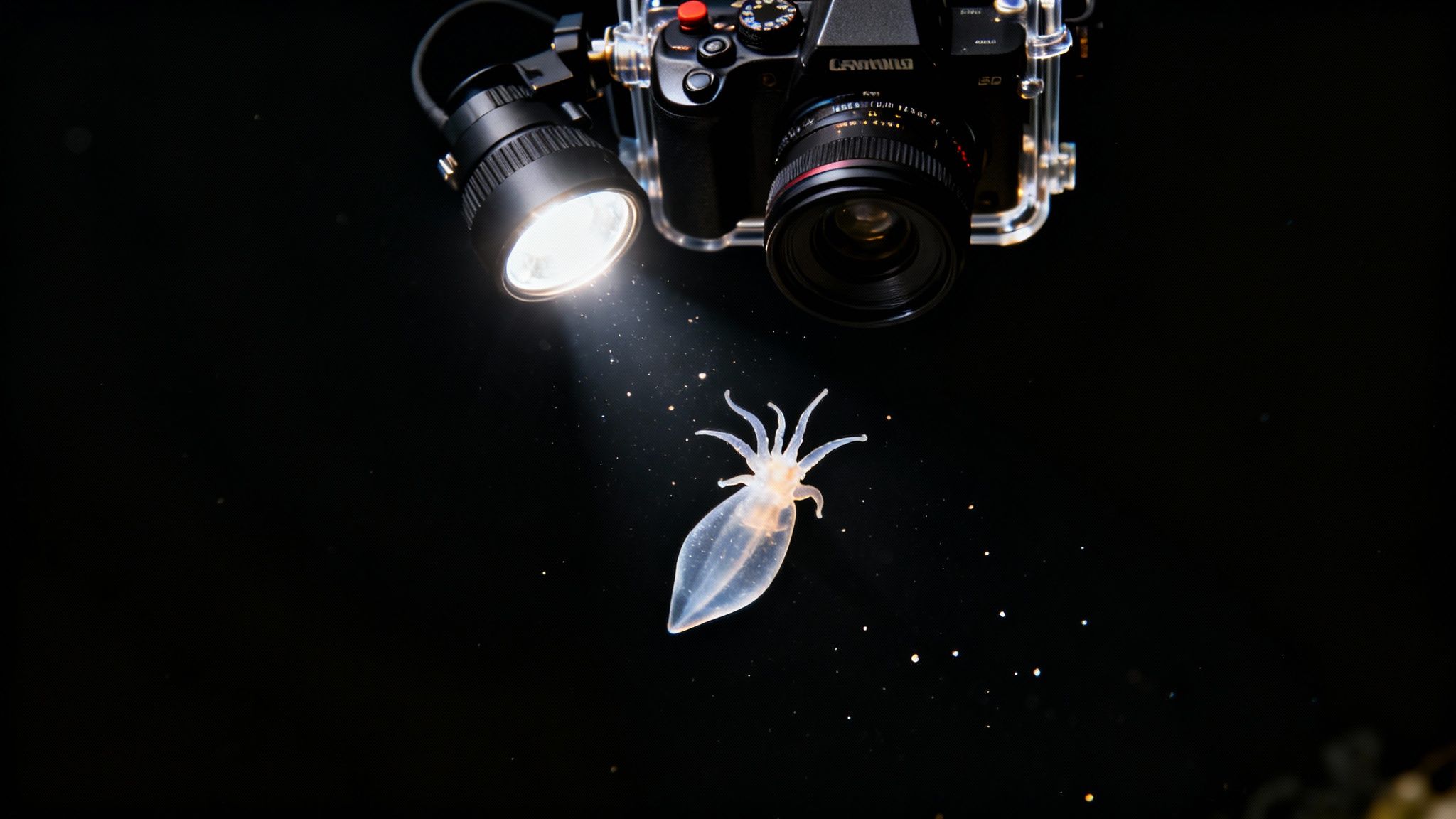 Underwater camera illuminates a small, translucent squid during a night blackwater dive.