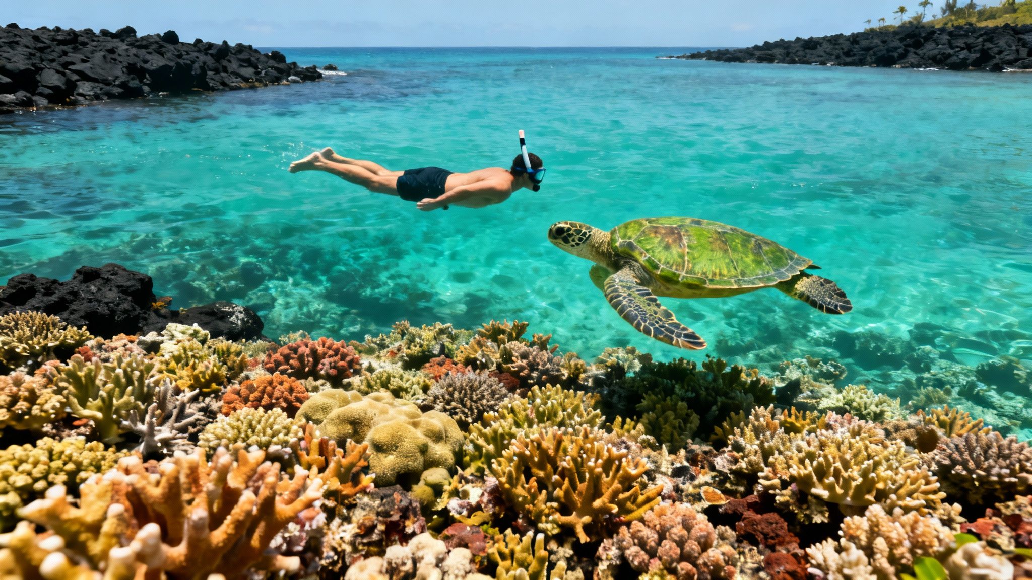 A person snorkeling in crystal clear water with a sea turtle over a colorful coral reef.