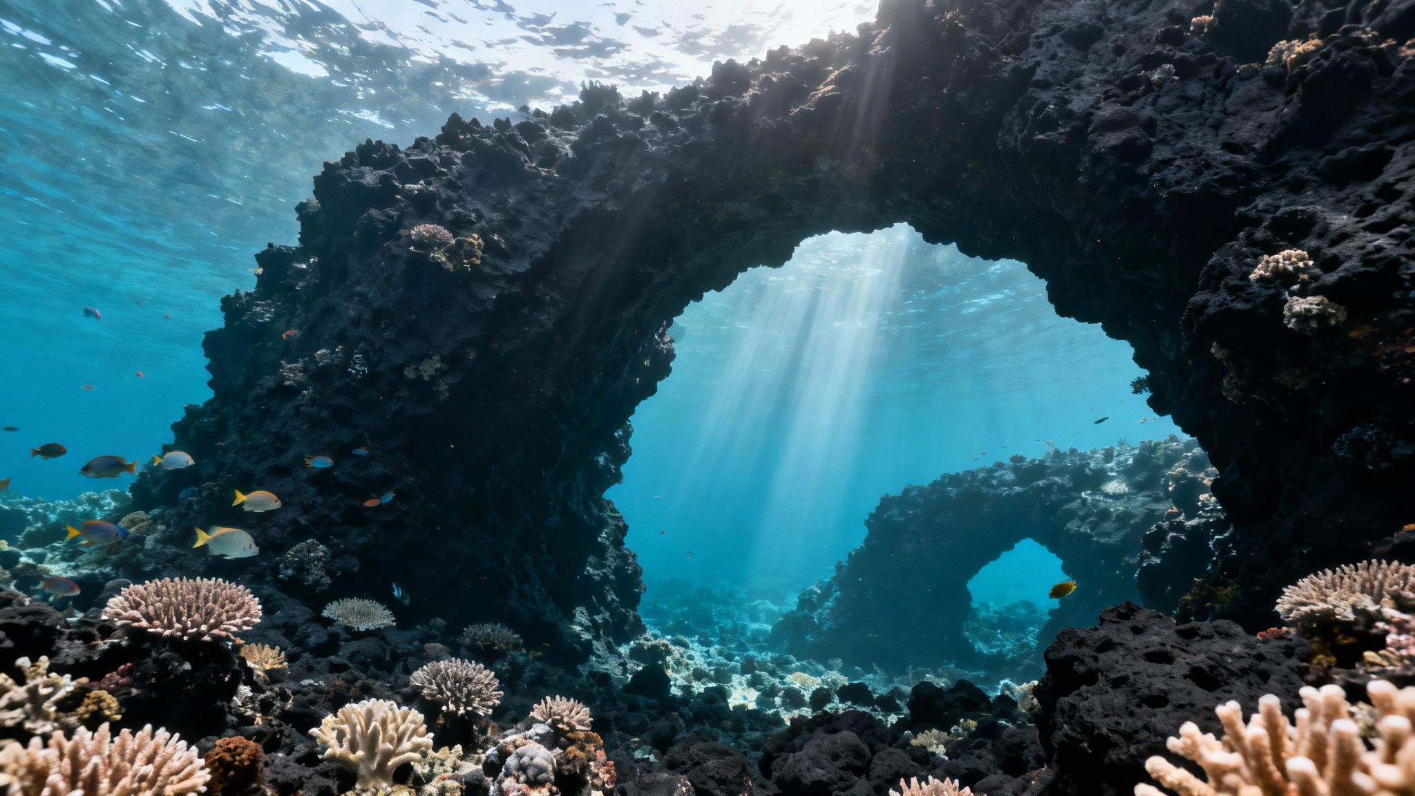 Underwater scene with sun rays, dark coral arches, and colorful fish swimming among the reefs.