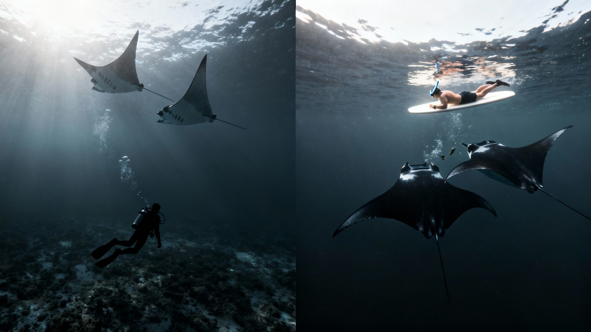 Two vibrant underwater scenes showing divers and snorkelers observing magnificent manta rays with sunrays.