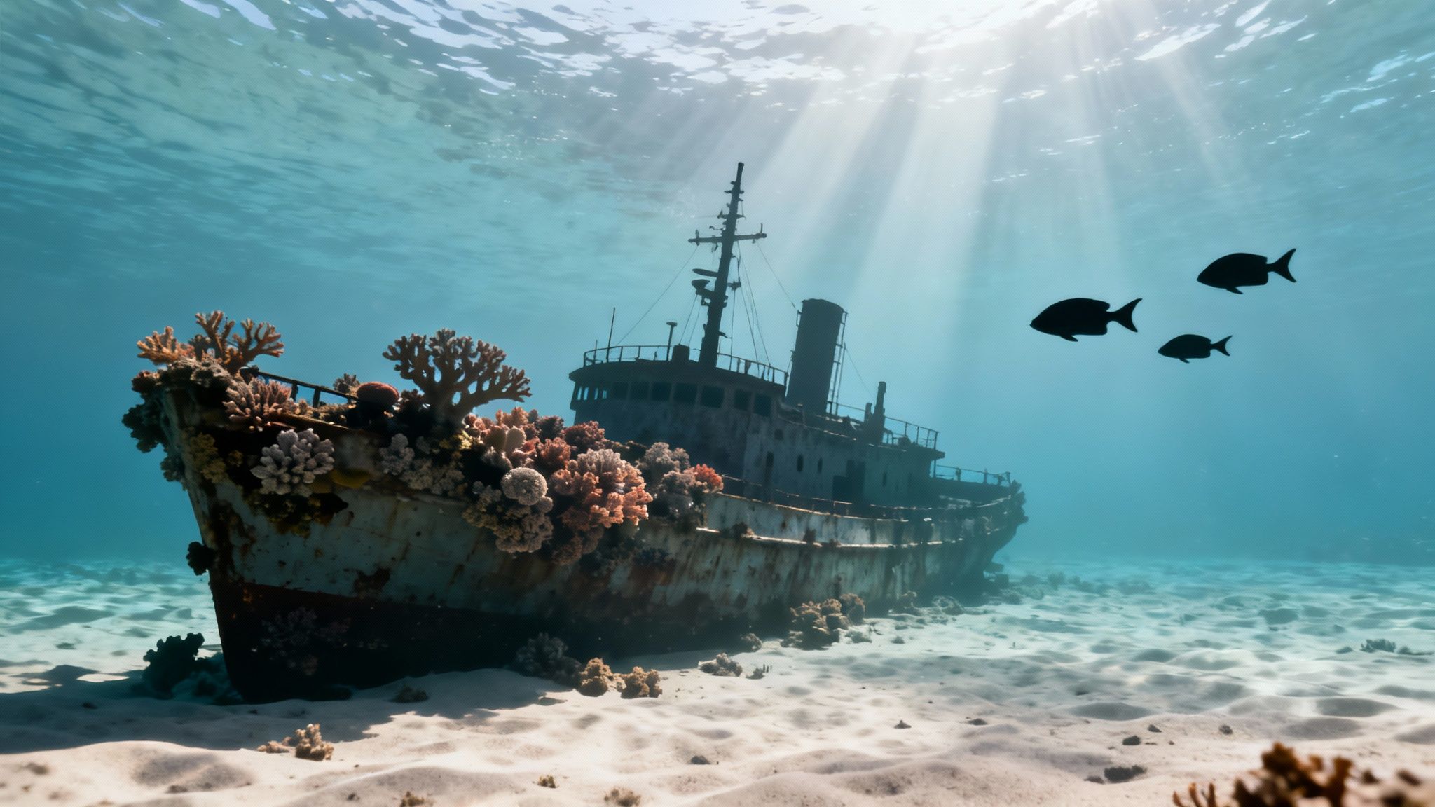 An underwater shot of a sunken ship on the ocean floor, now a thriving artificial reef, with divers exploring it.