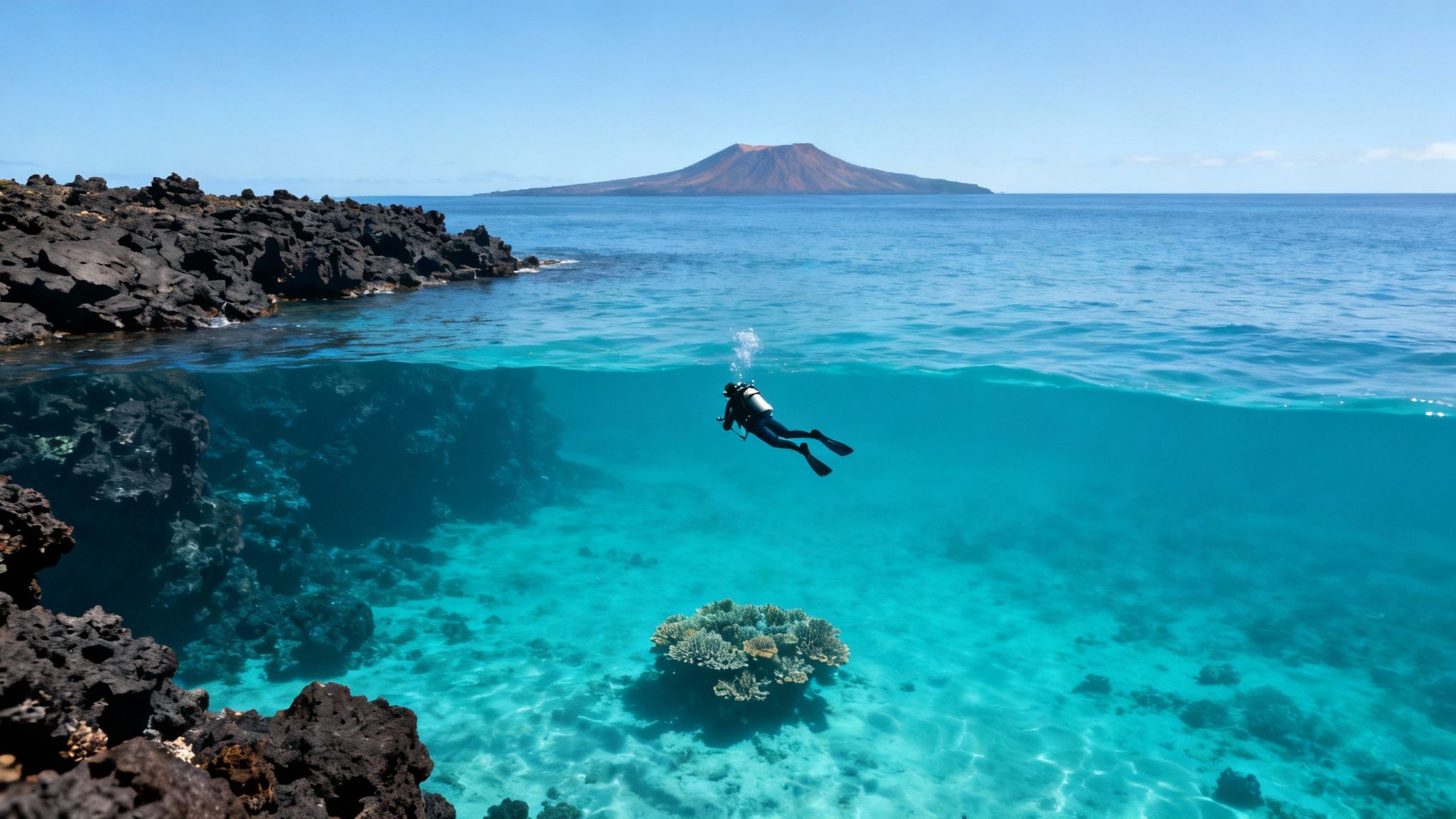 A scuba diver swimming gracefully alongside a large sea turtle over a coral reef.