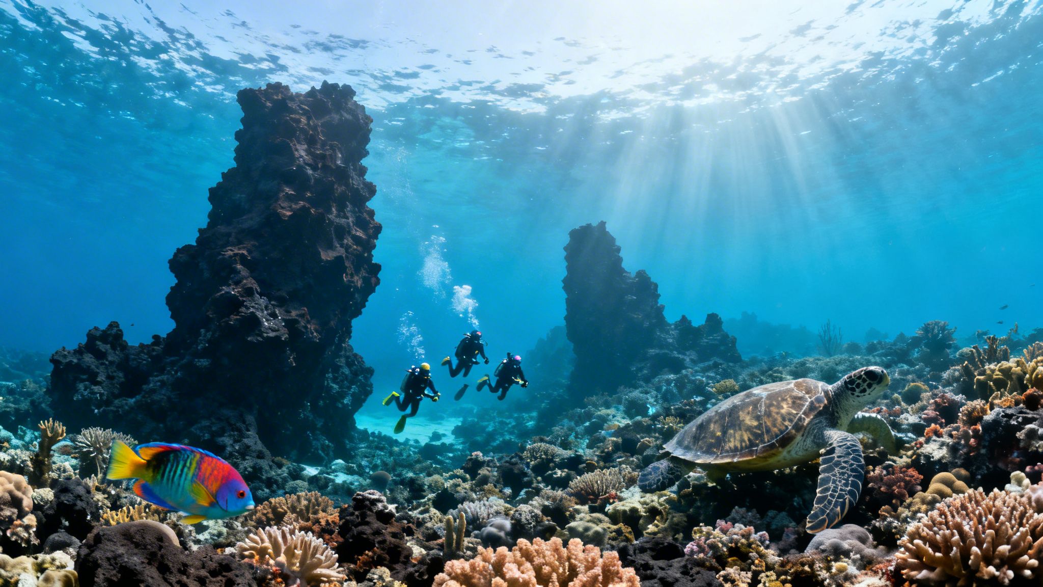 Three scuba divers, a sea turtle, and a colorful fish explore a vibrant coral reef.