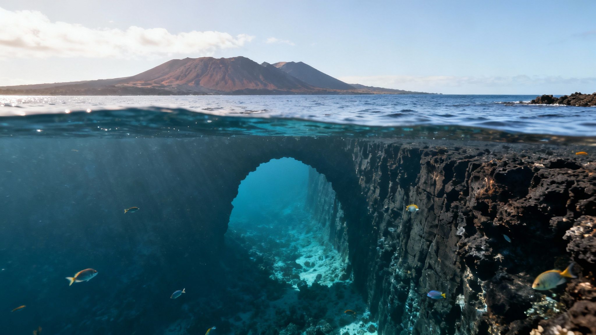 Stunning over-under view of a volcanic island above and a vibrant underwater arch with fish.