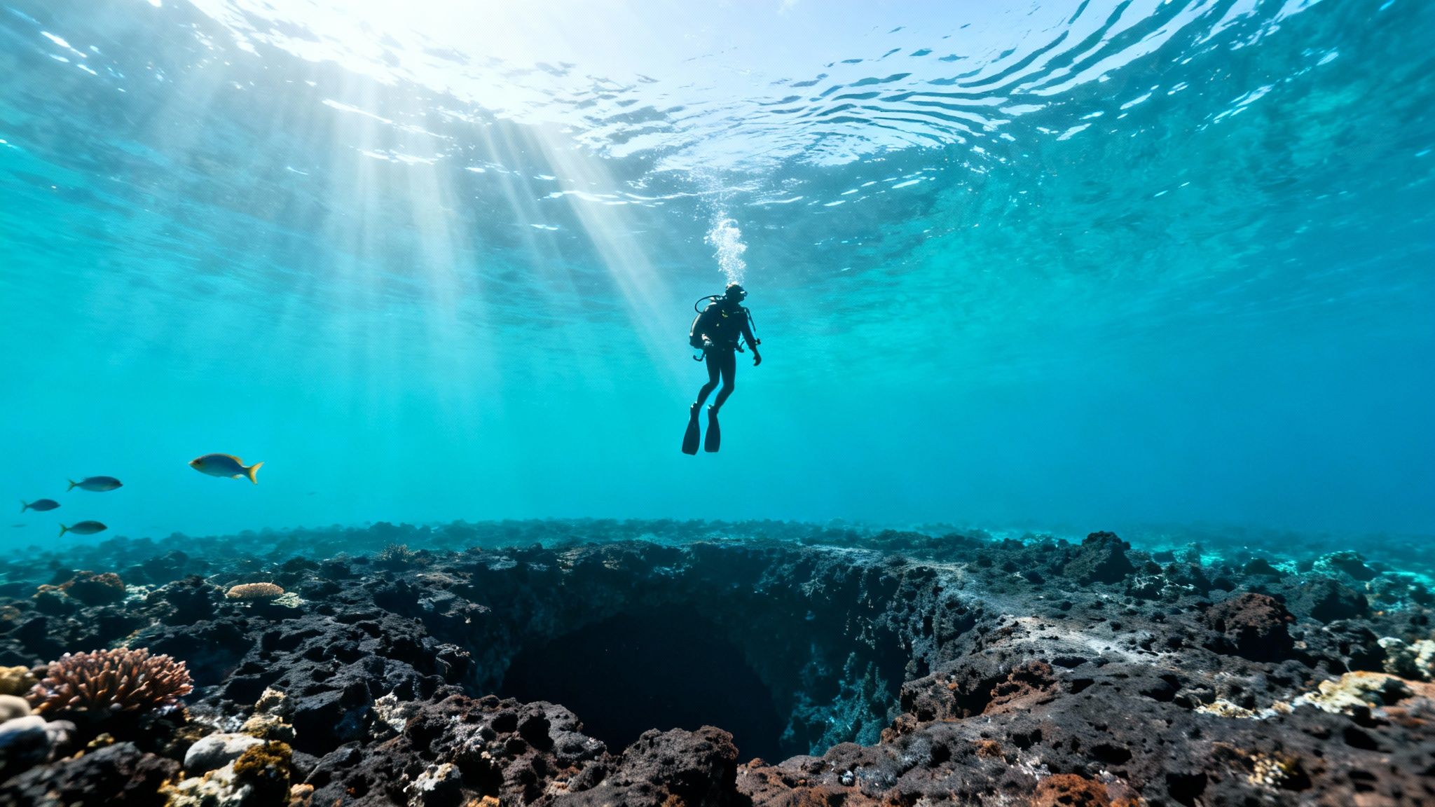 A scuba diver explores a deep underwater cave with sun rays piercing clear blue water and fish nearby.