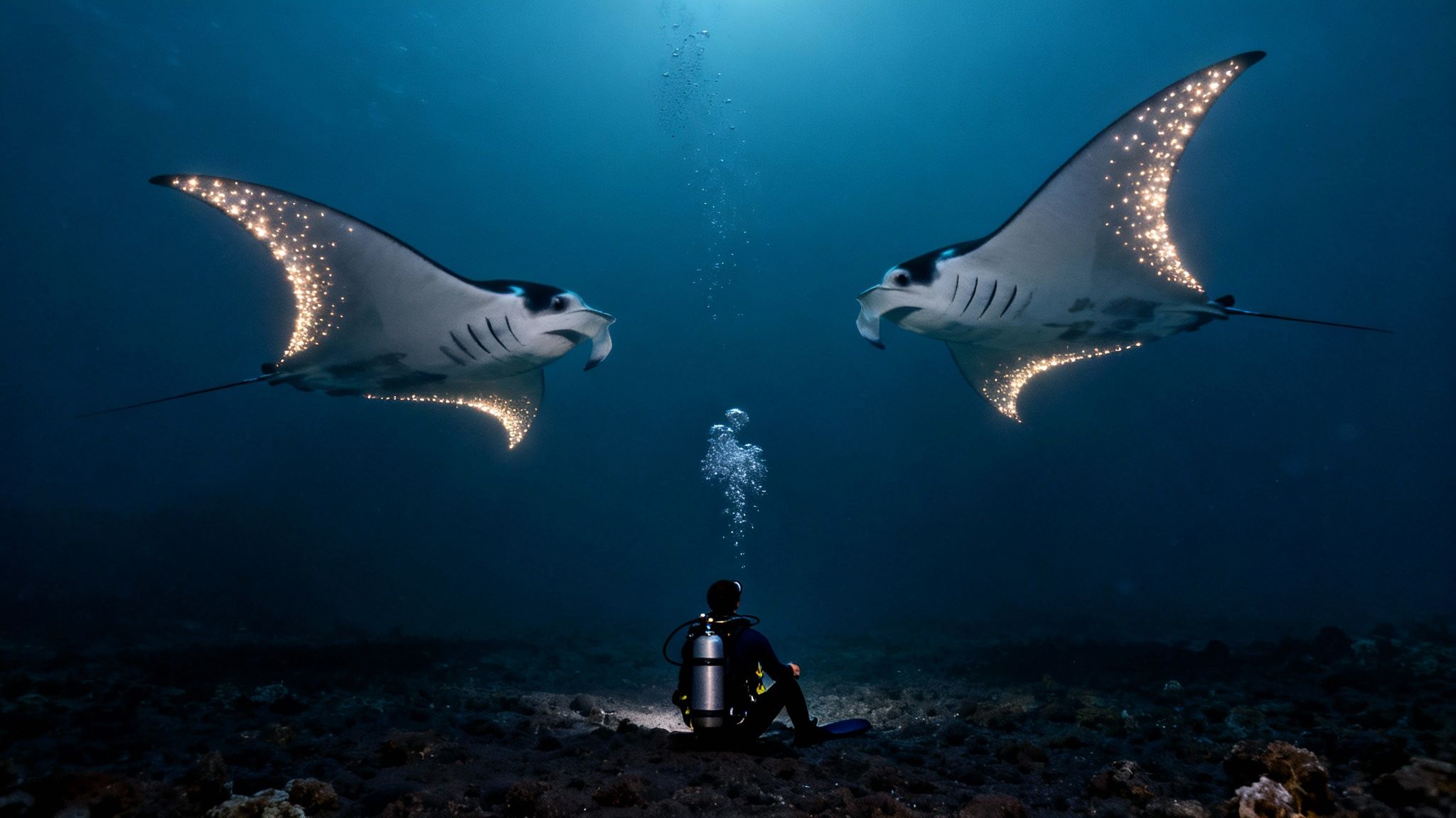 A diver sits on the dark seabed, observing two large bioluminescent manta rays swimming above.
