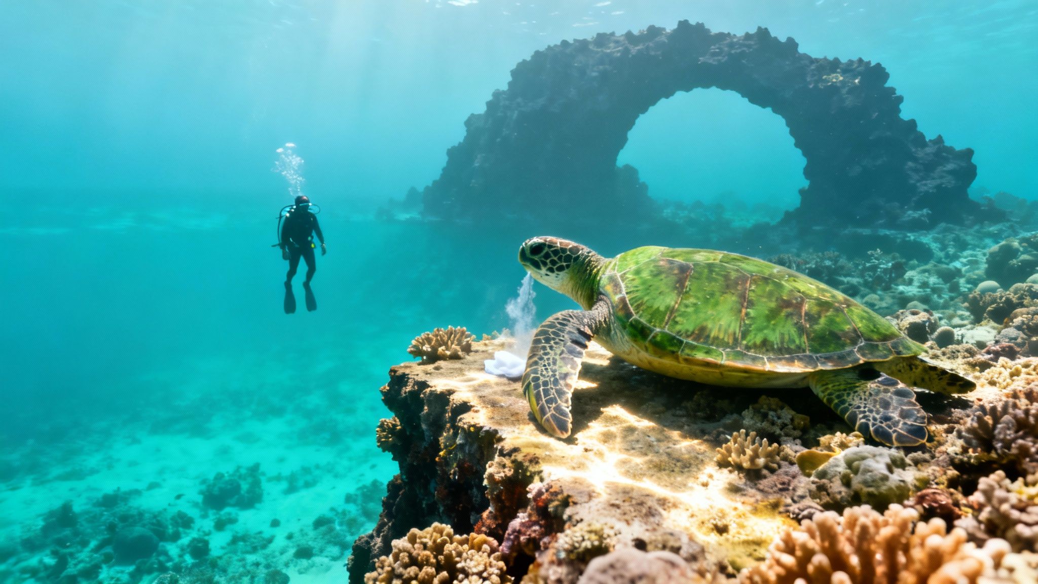 A Hawaiian green sea turtle swims over a coral reef in clear blue water.