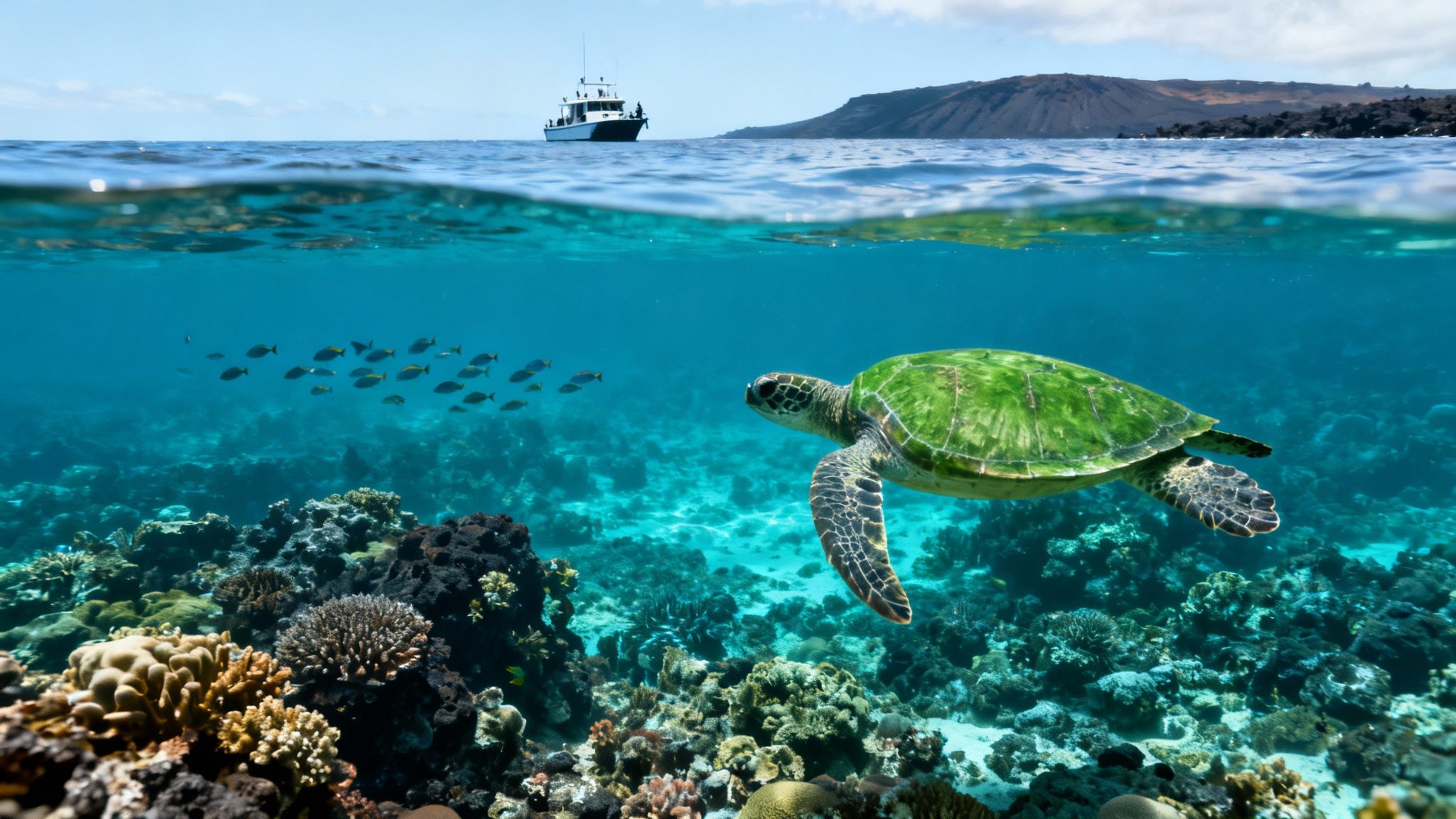 Underwater view of a green sea turtle and vibrant coral reef, with a boat and island above.