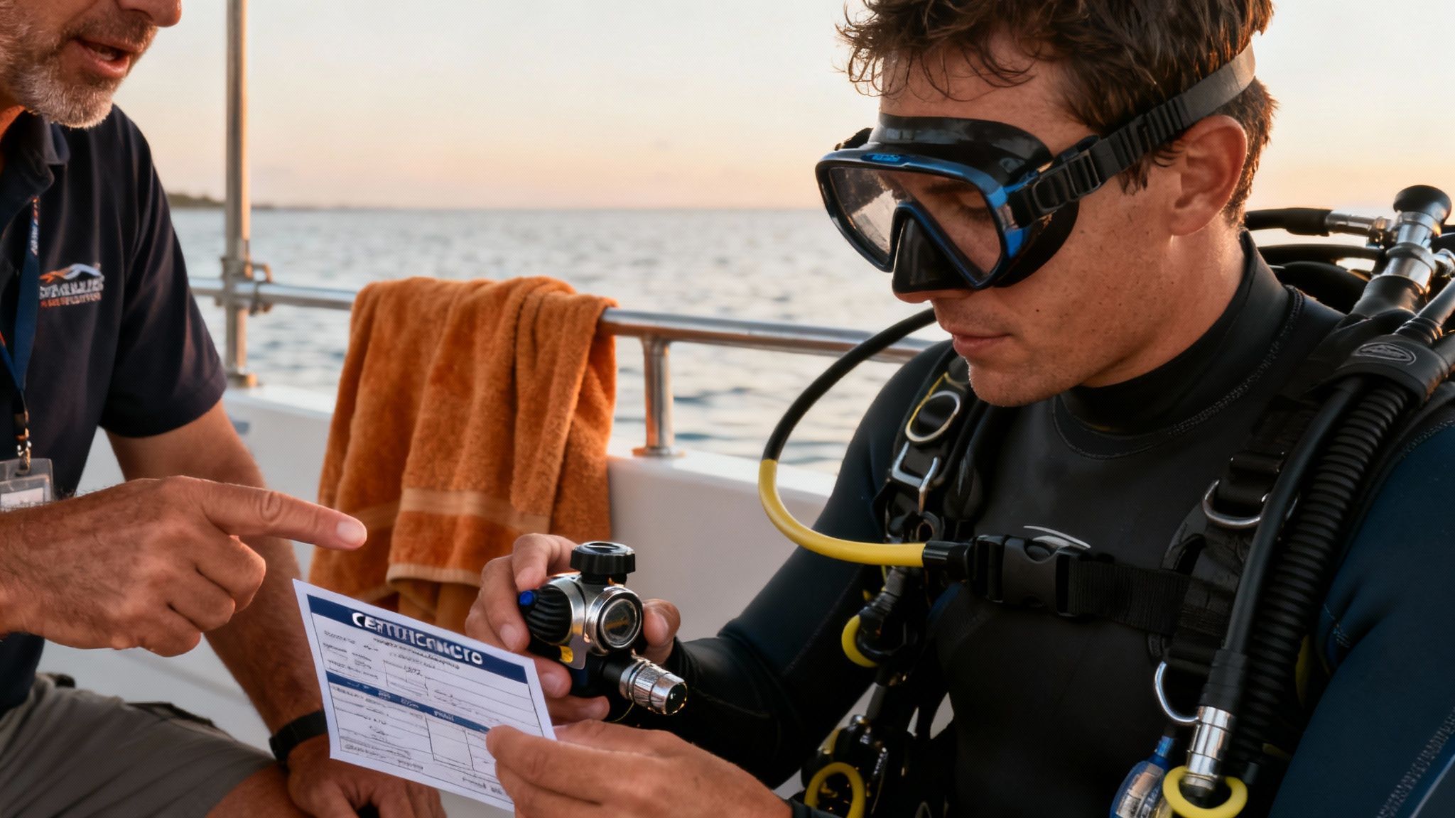 A diver giving the 'OK' sign underwater during a night dive, with dive lights illuminating the scene.