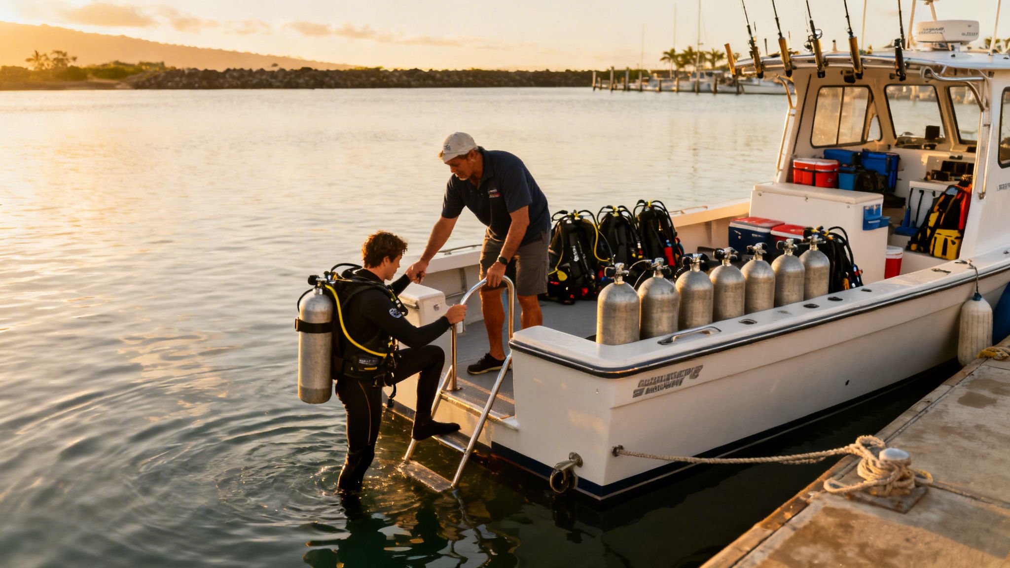 A scuba diver in a full wetsuit climbs onto a boat, assisted by another man, with tanks ready.