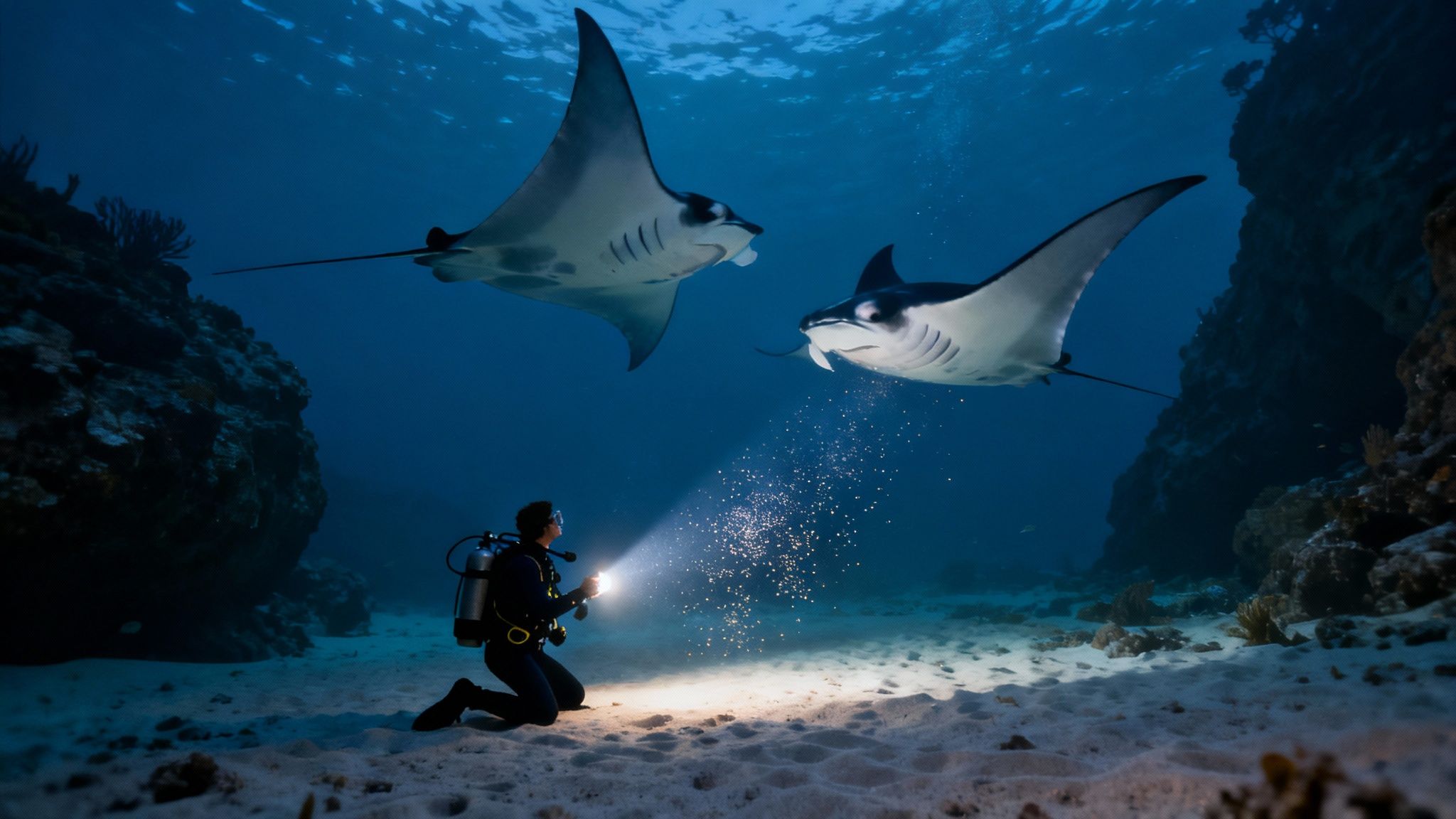 Scuba diver with flashlight observing two majestic manta rays swimming over sandy ocean floor
