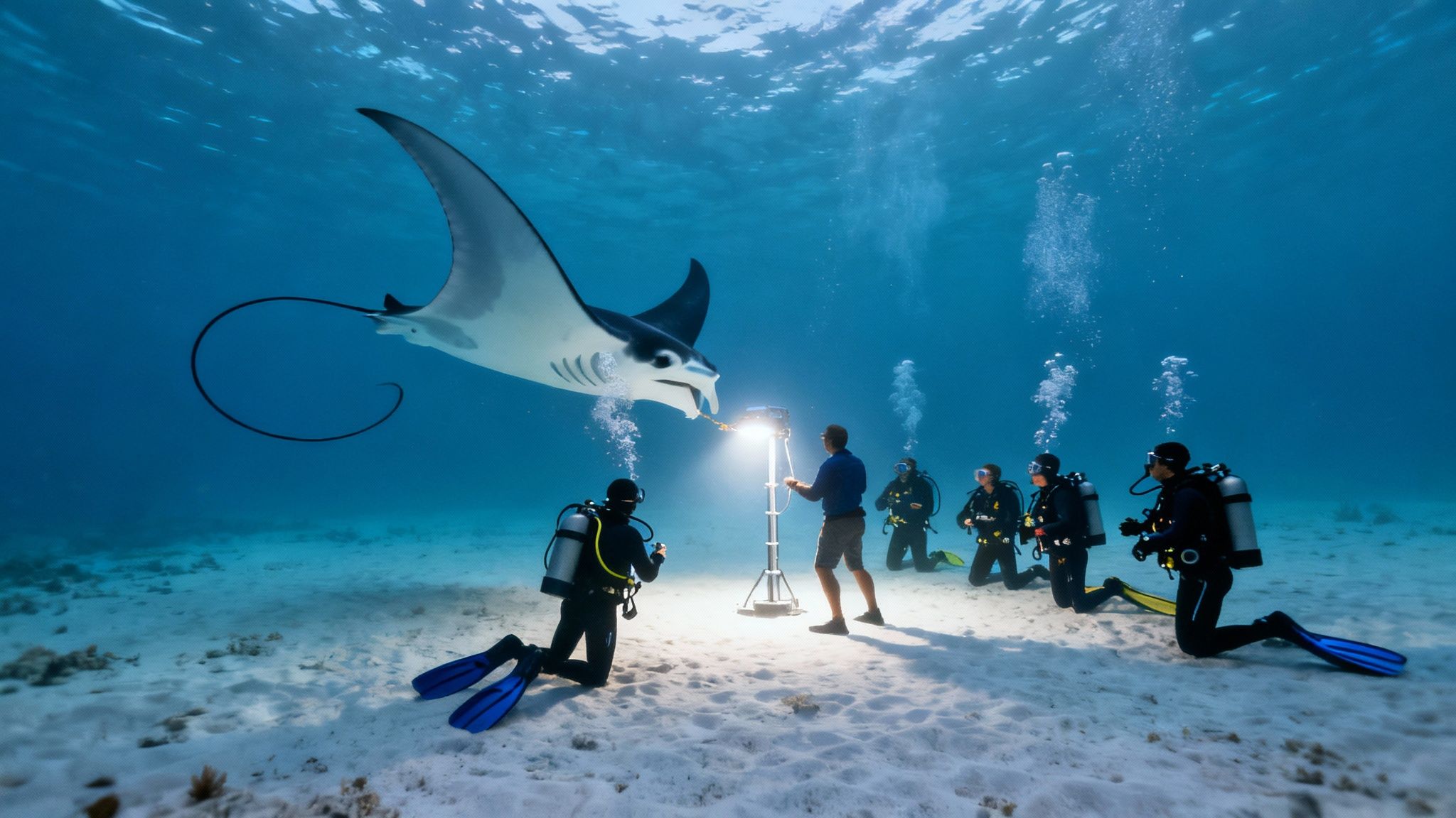 Scuba divers observe a majestic manta ray at night, illuminated by underwater lights.