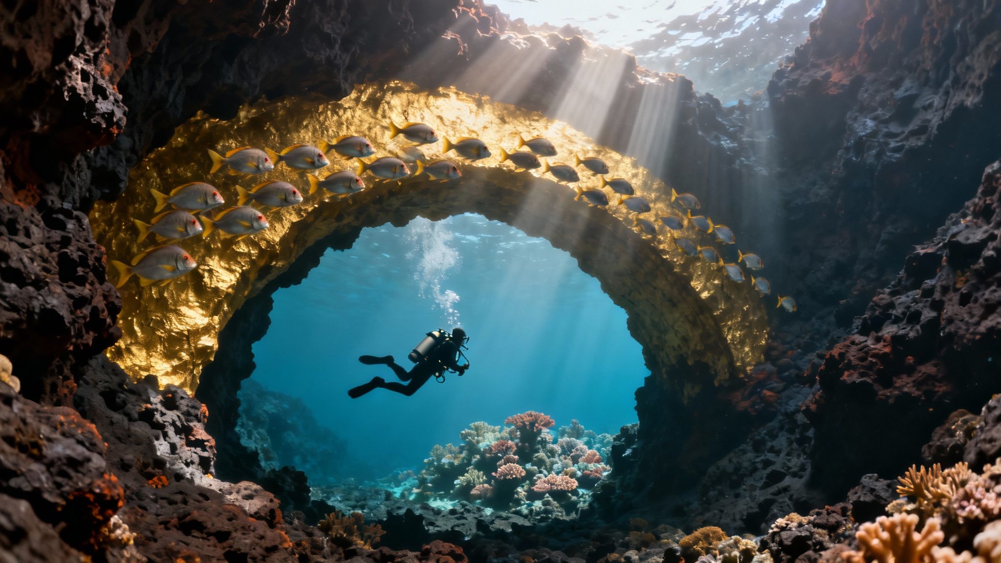 A school of yellow tang fish swims over a healthy coral reef in clear blue water on the Big Island.