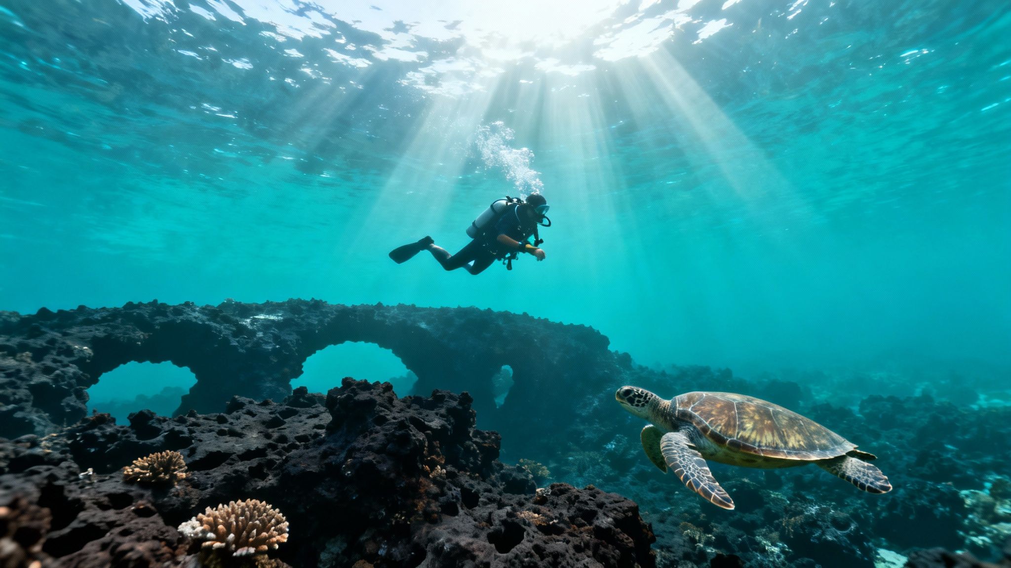 A scuba diver explores a vibrant coral reef with a sea turtle and sunbeams filtering through the water.