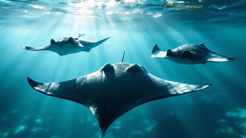 A stunning view of manta rays feeding at night under bright lights in Kona.