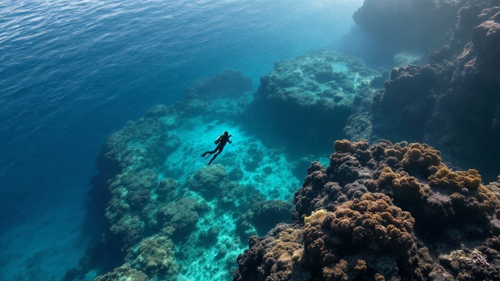 Graceful manta ray gliding through the water at night